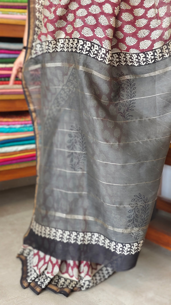 Wine and Black Block Printed Chanderi Silk Saree - MK58