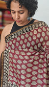 Wine and Black Block Printed Chanderi Silk Saree - MK58