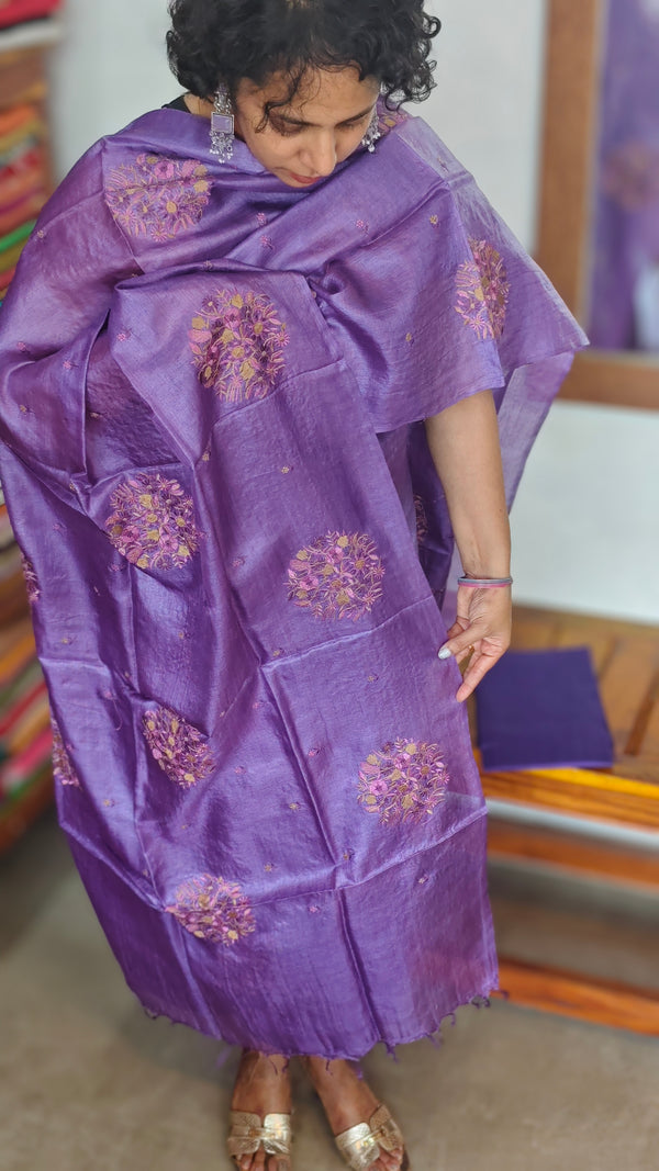 Violet Embroidered Tussar Silk Suit - VW32
