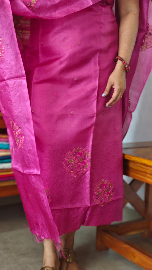 Hot Pink Embroidered Tussar Silk Suit - VW32