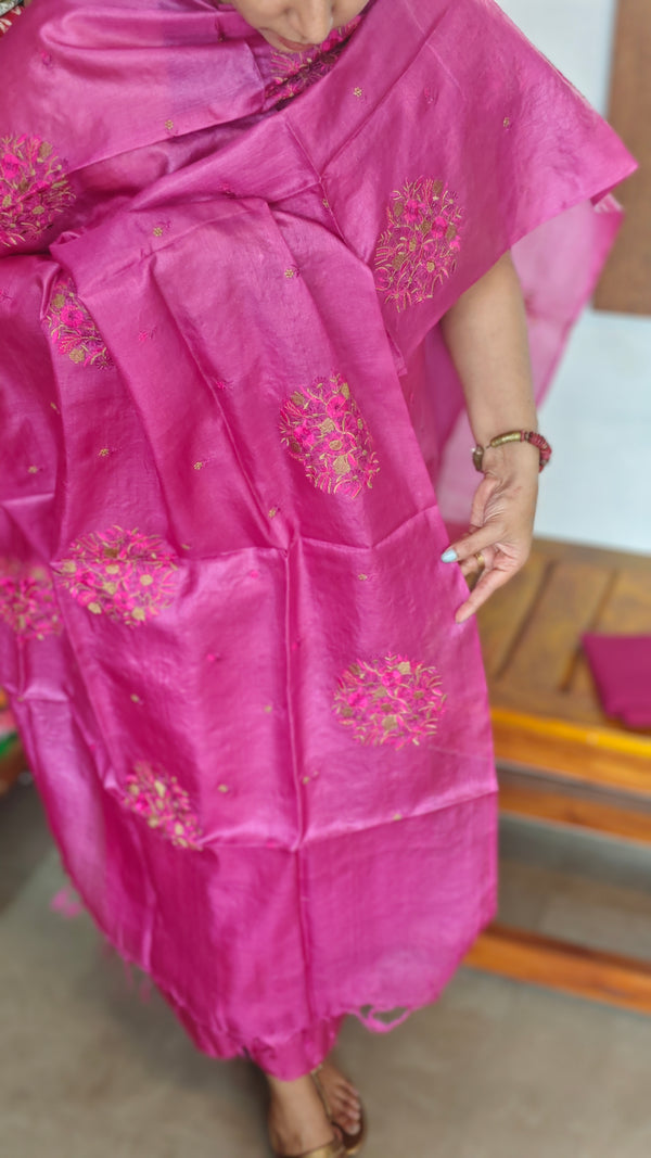 Hot Pink Embroidered Tussar Silk Suit - VW32