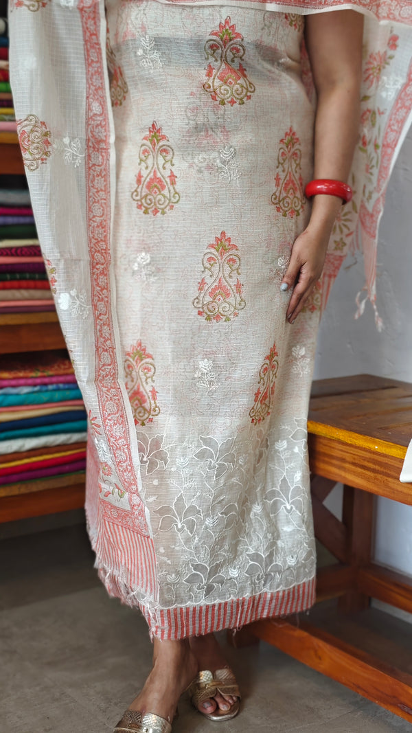 Cream and Orange Net Kota Suit with Applique Work - 38V8