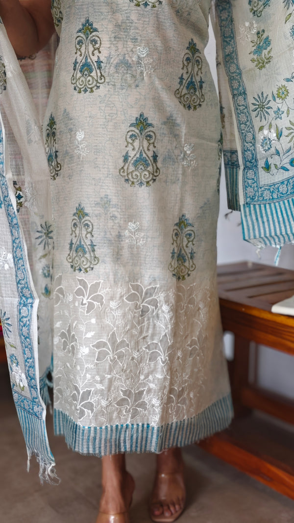 Cream and Teal Net Kota Suit with Applique Work - 38V8