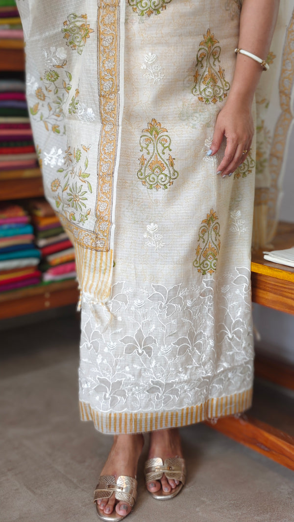 Cream and Yellow Net Kota Suit with Applique Work - 38V8