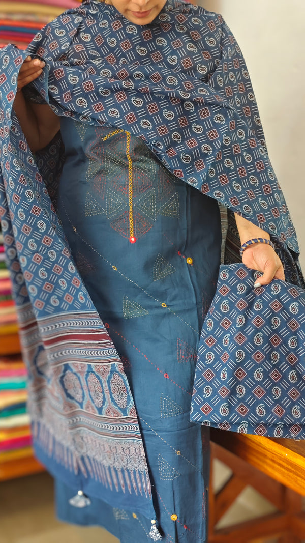 Blue Cotton Suit with Kantha work and Ajrakh Dupatta