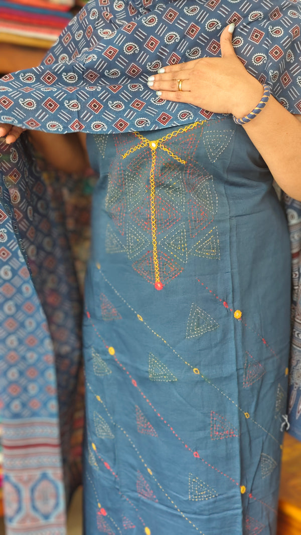 Blue Cotton Suit with Kantha work and Ajrakh Dupatta