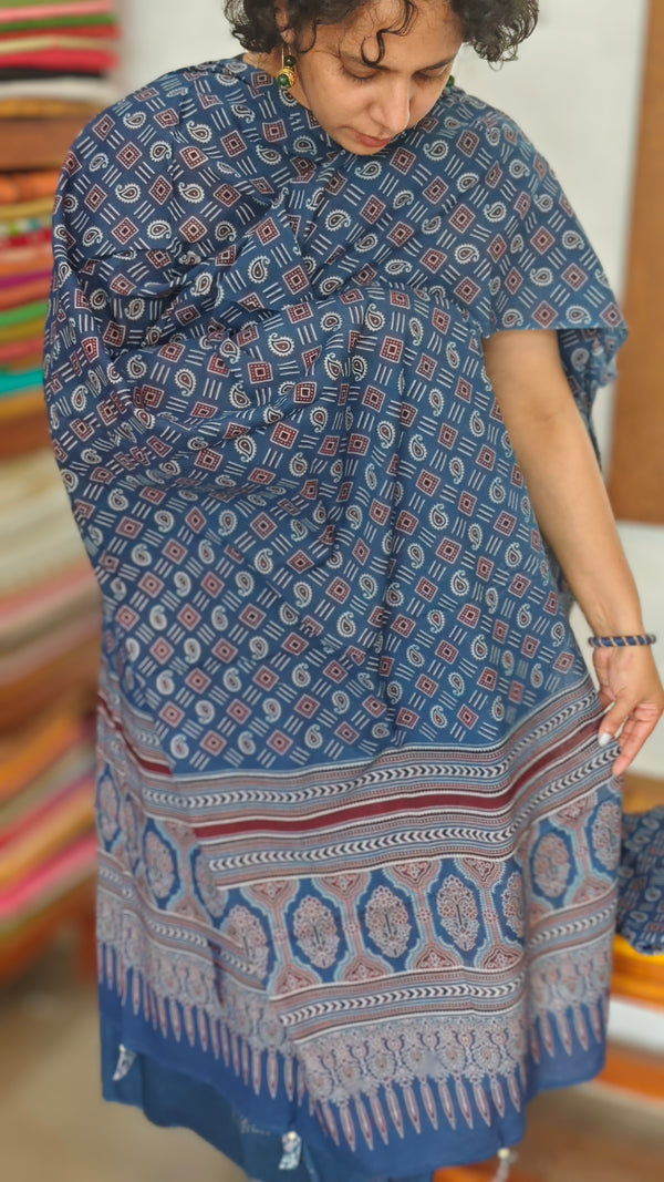 Blue Cotton Suit with Kantha work and Ajrakh Dupatta