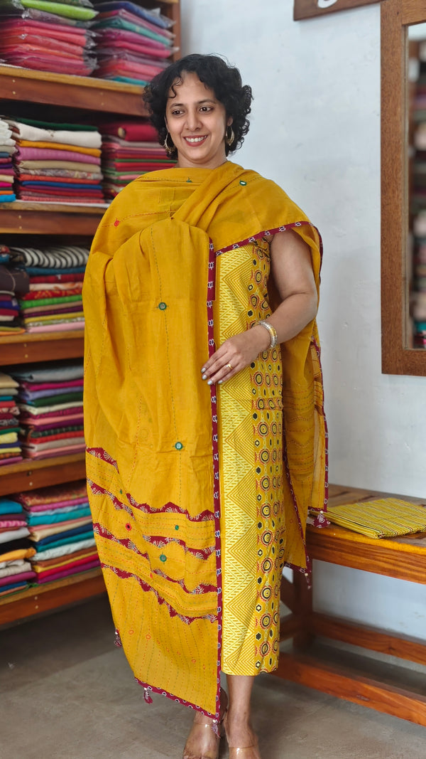 Mustard Ajrakh Printed Cotton Suit
