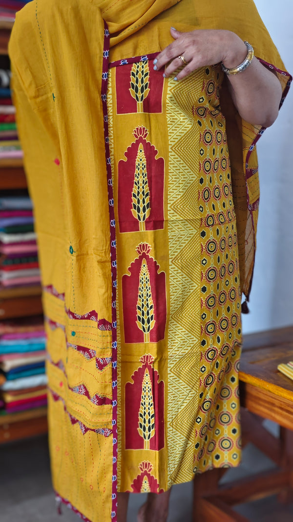 Mustard Ajrakh Printed Cotton Suit