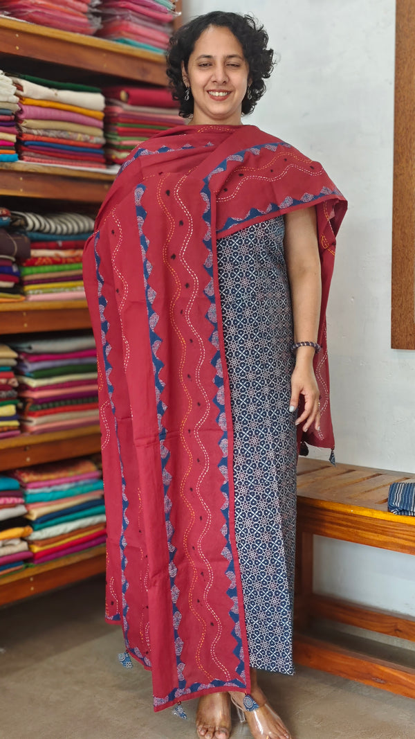 Indigo and Maroon Ajrakh Printed Cotton Suit
