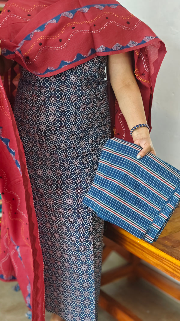 Indigo and Maroon Ajrakh Printed Cotton Suit