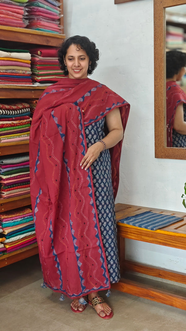 Indigo and Maroon Ajrakh Printed Cotton Suit - B