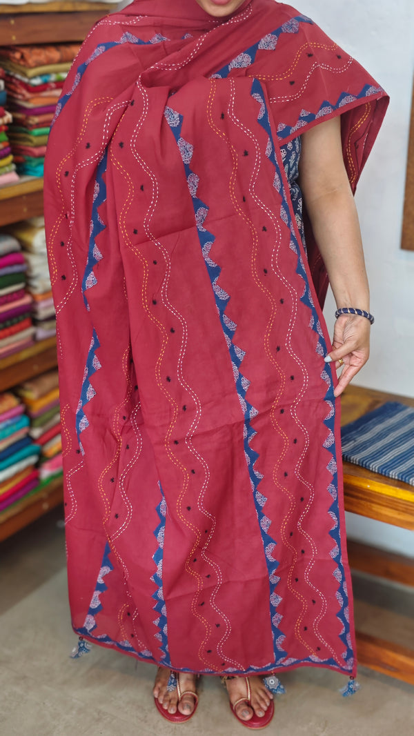 Indigo and Maroon Ajrakh Printed Cotton Suit - B
