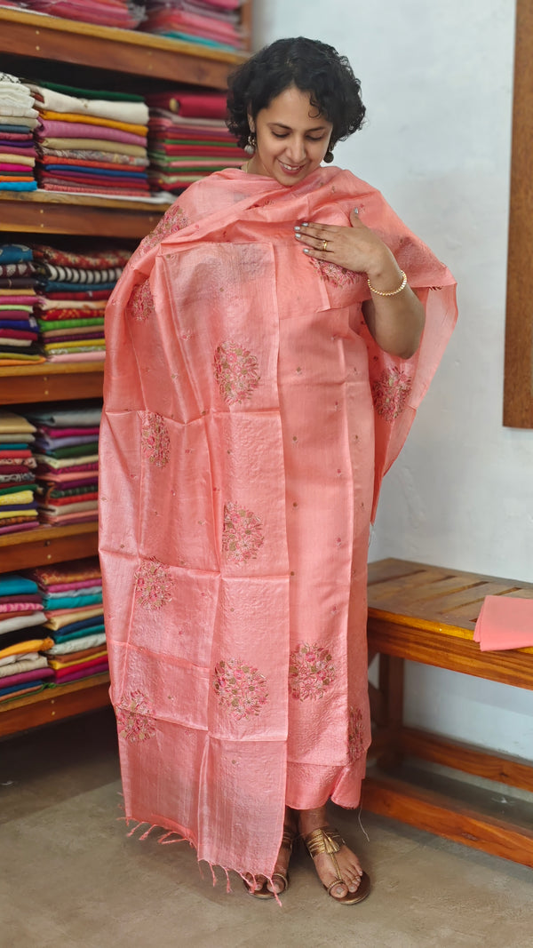 Peach Embroidered Tussar Silk Suit - VW32