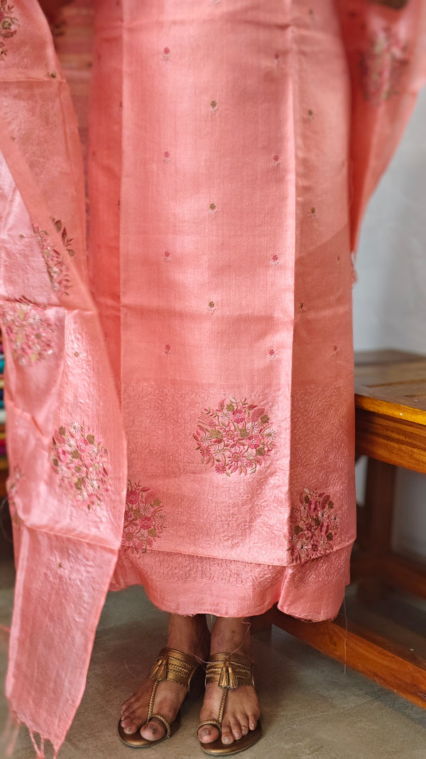 Peach Embroidered Tussar Silk Suit - VW32