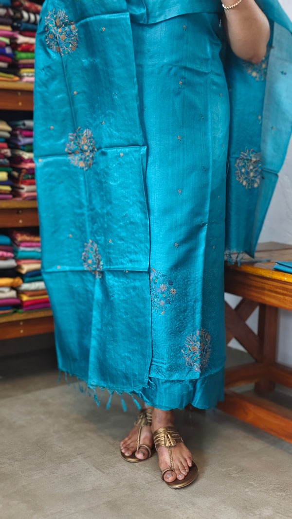 Firozi Blue Embroidered Tussar silk Suit - VW32