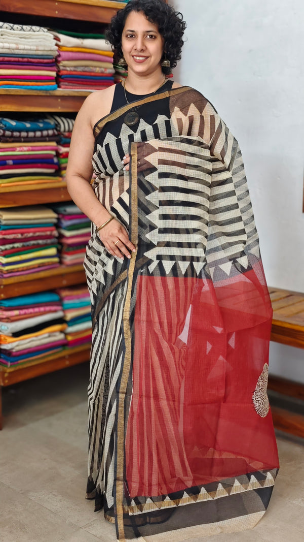 Black and off white Block Printed Kota Doria Saree - SQ39