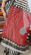 Black and off white Block Printed Kota Doria Saree - SQ39