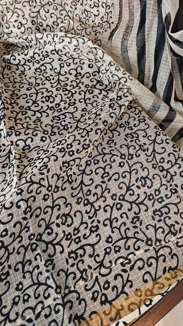 Black and off white Block Printed Kota Doria Saree - SQ39
