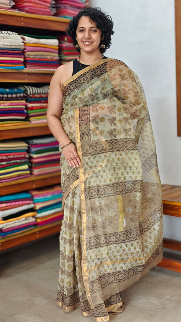 Beige Block Printed Kota Doria Saree - SQ39