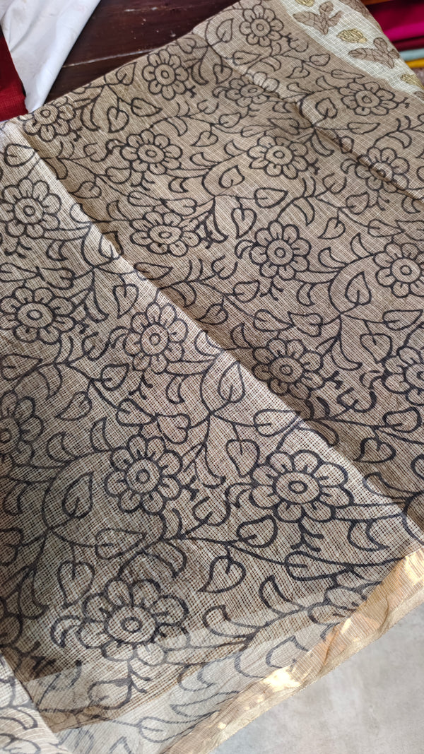 Beige Block Printed Kota Doria Saree - SQ39