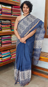 Blue and Off White Block Printed Kota Doria Saree - SQ39