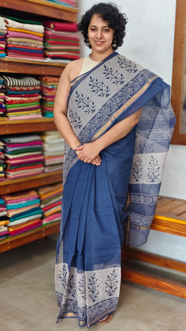 Blue and Off White Block Printed Kota Doria Saree - SQ39