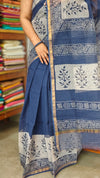 Blue and Off White Block Printed Kota Doria Saree - SQ39