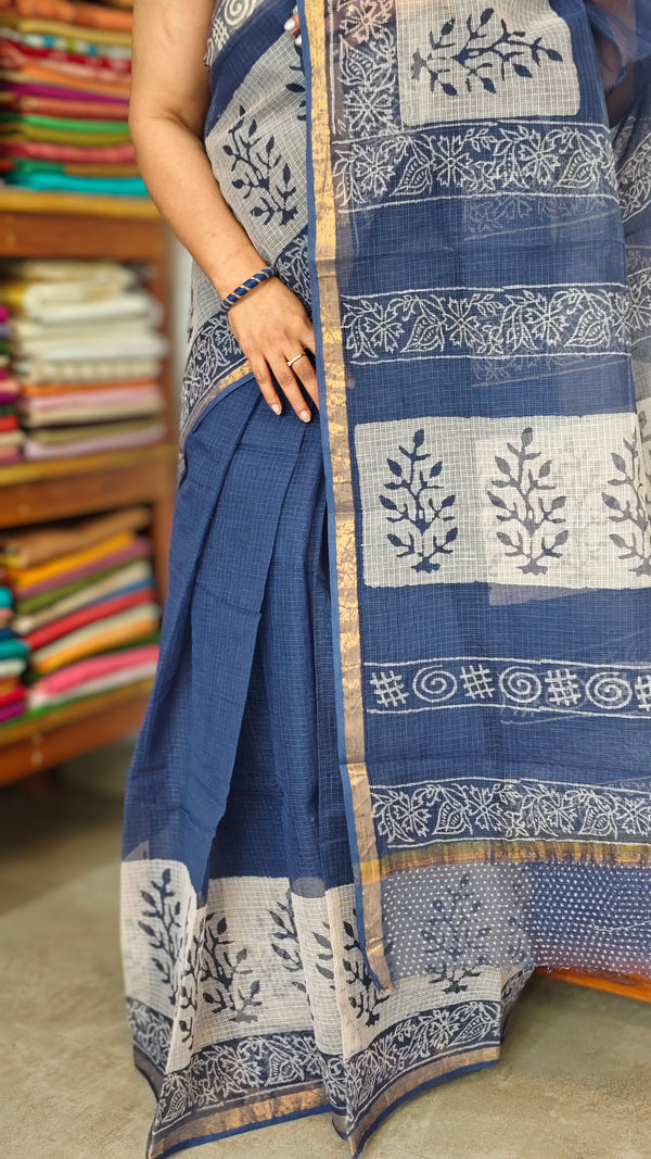 Blue and Off White Block Printed Kota Doria Saree - SQ39