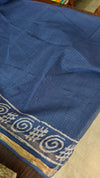 Blue and Off White Block Printed Kota Doria Saree - SQ39