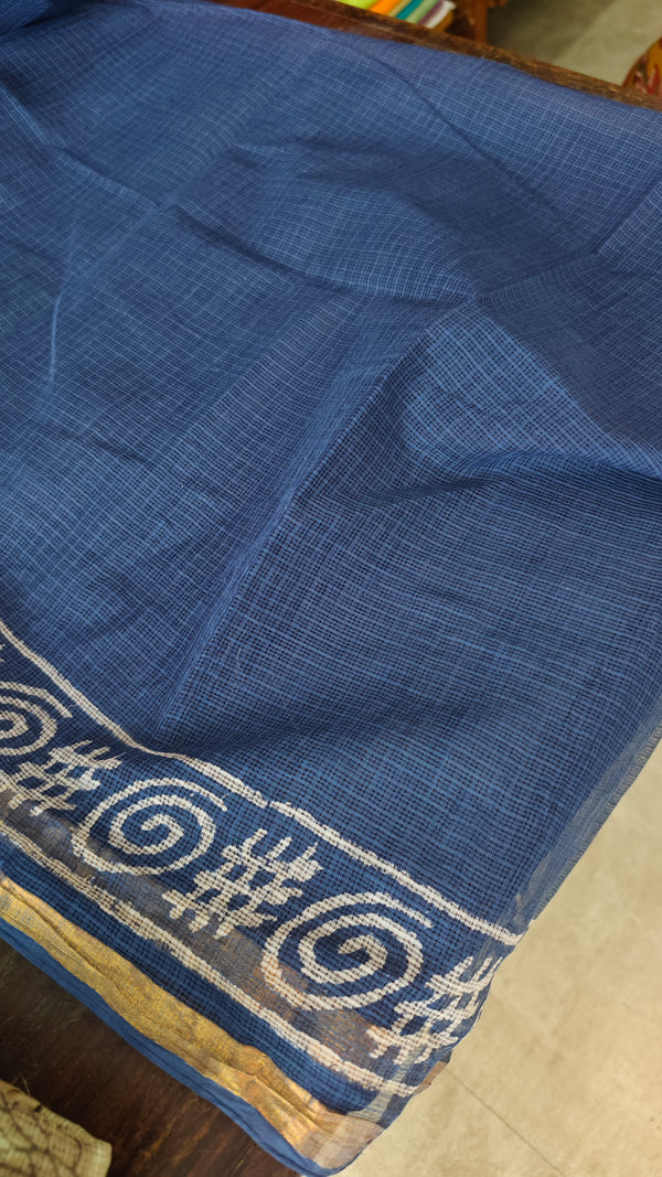 Blue and Off White Block Printed Kota Doria Saree - SQ39