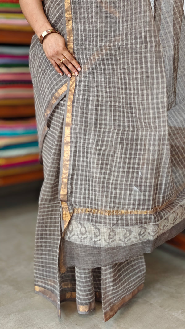 Greyish Beige Block Printed Kota Doria Saree - SQ39