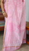 Light Pink Block Printed Kota Doria Saree - SQ39
