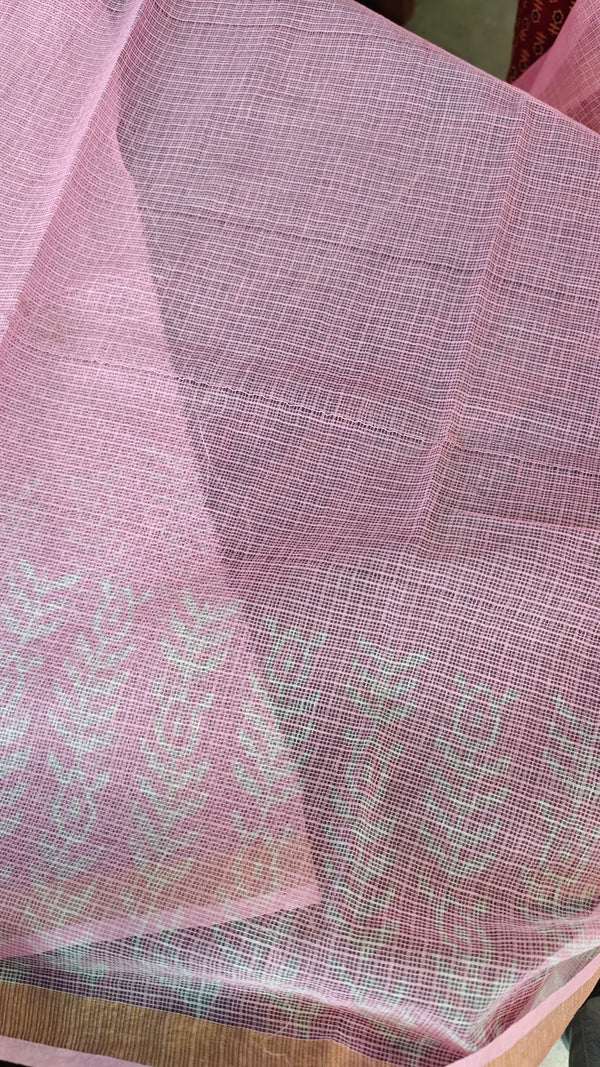 Light Pink Block Printed Kota Doria Saree - SQ39