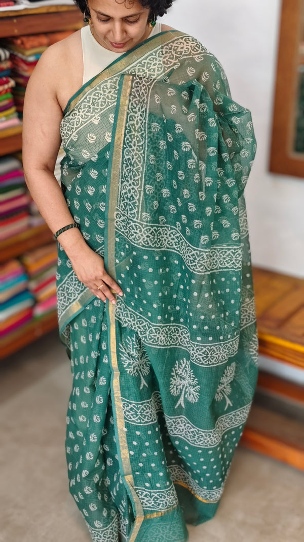 Green Block Printed Kota Doria Saree - SQ39
