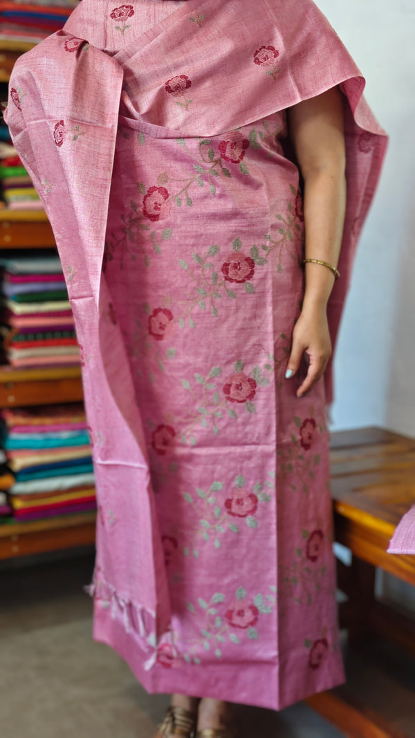 Pink Semi Tussar Suit with Cross Stitch Embroidery - MTV6