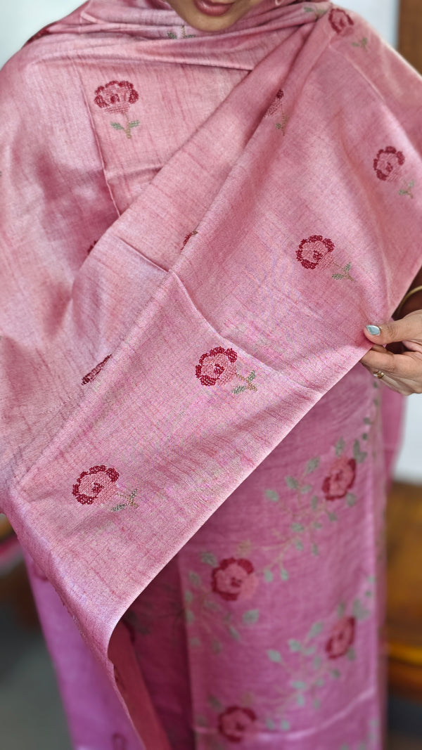 Pink Semi Tussar Suit with Cross Stitch Embroidery - MTV6