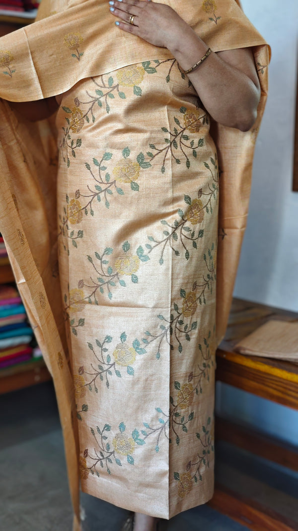 Golden Mustard Semi Tussar Suit with Cross Stitch Embroidery - MTV6