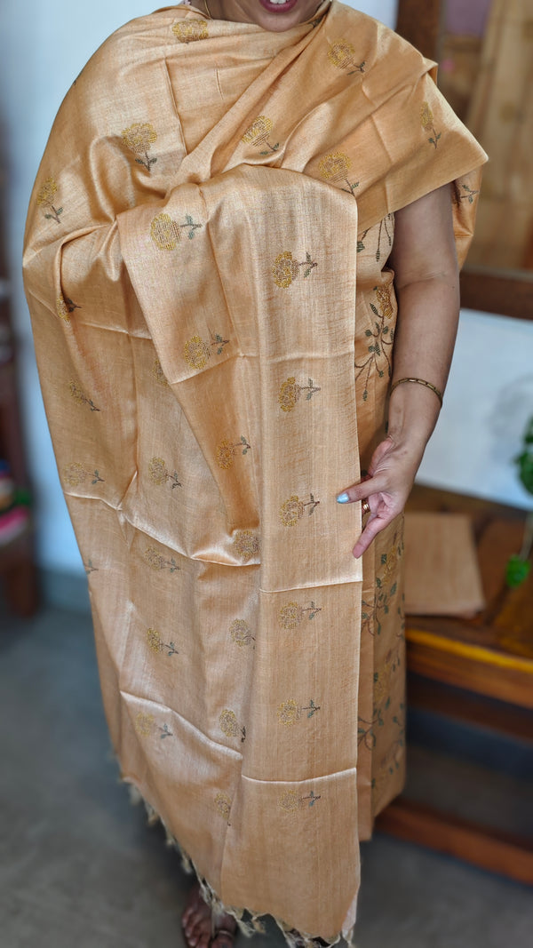 Golden Mustard Semi Tussar Suit with Cross Stitch Embroidery - MTV6