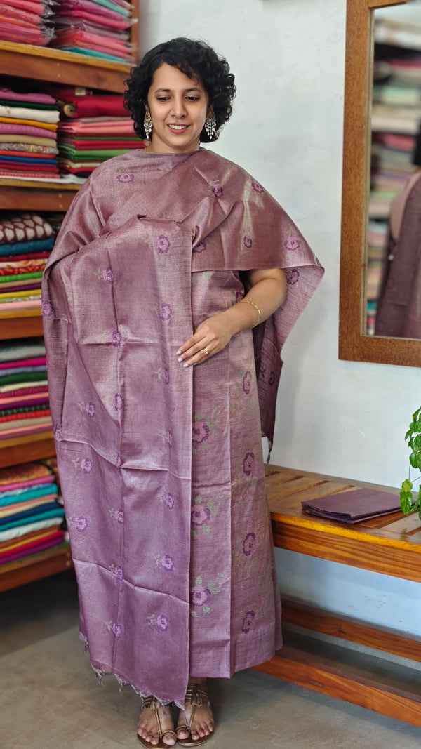 Purple Semi Tussar Suit with Cross Stitch Embroidery - MTV6