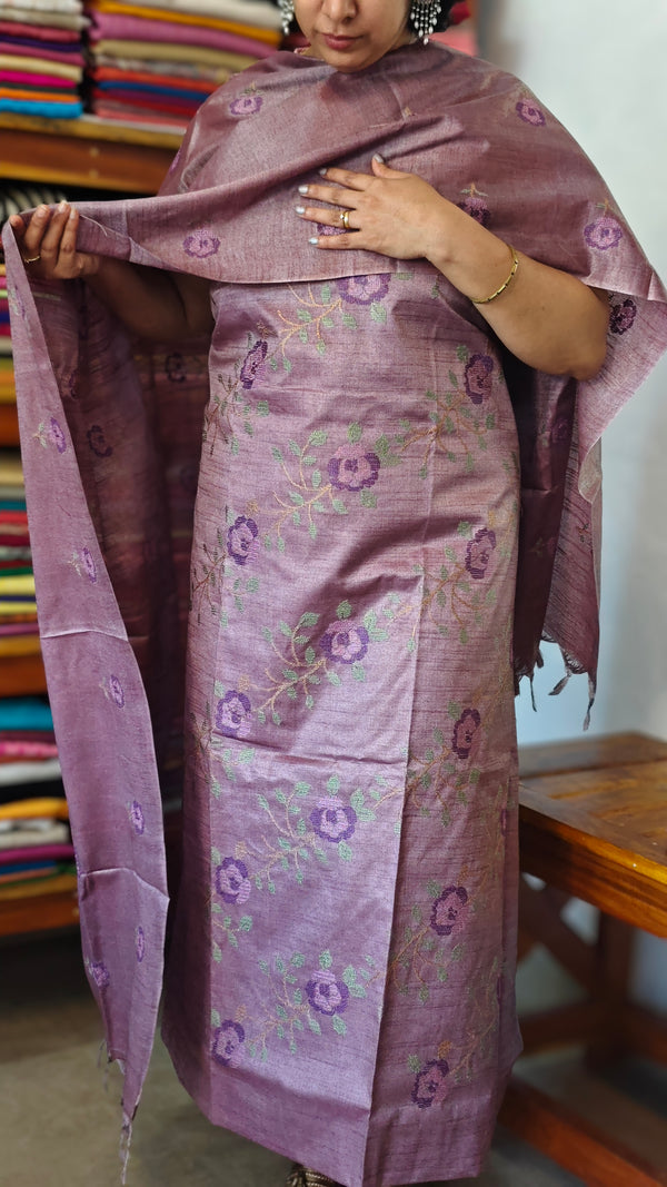 Purple Semi Tussar Suit with Cross Stitch Embroidery - MTV6