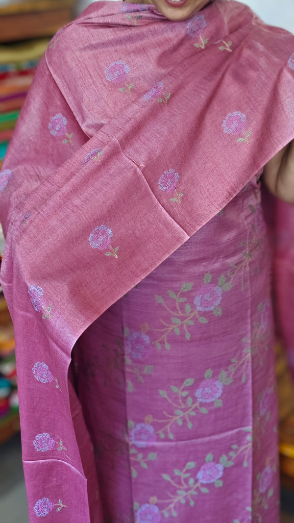Mauve Semi Tussar Suit with Cross Stitch Embroidery - MTV6