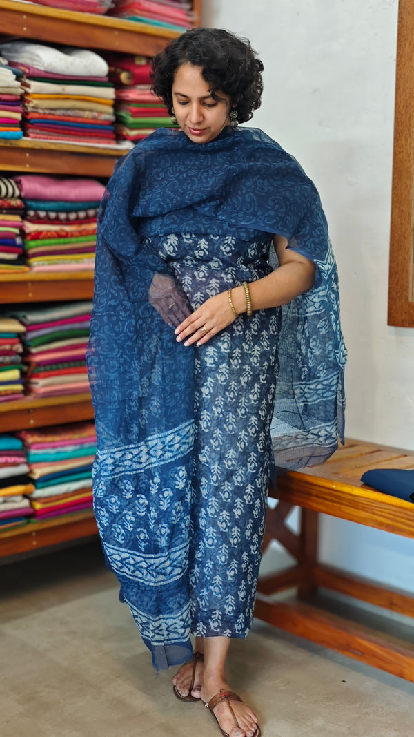 Indigo Block Printed Kota Doria Suit - A - GD331