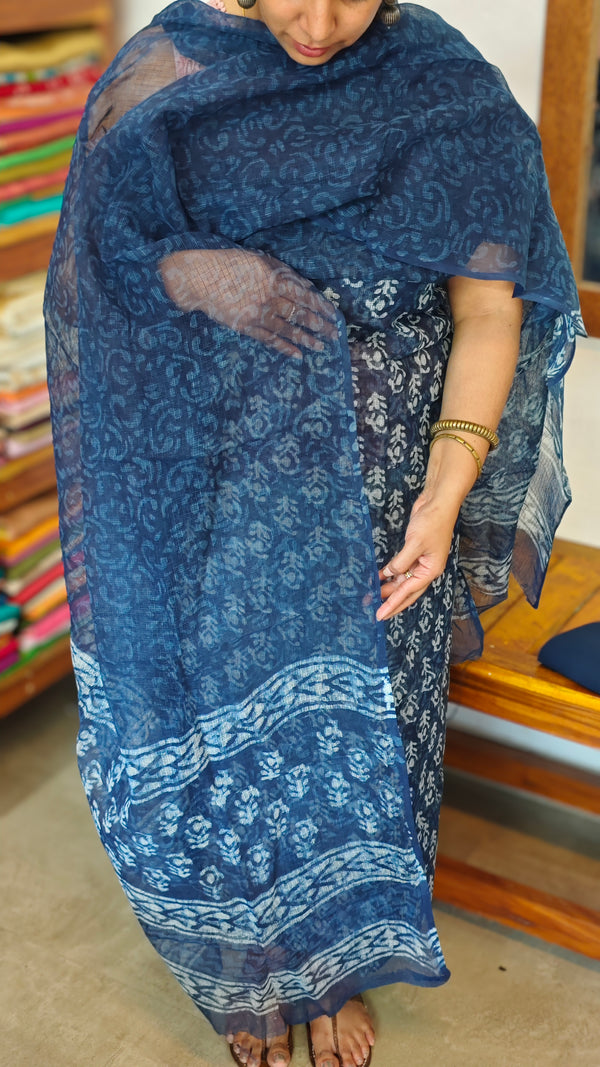 Indigo Block Printed Kota Doria Suit - A - GD331