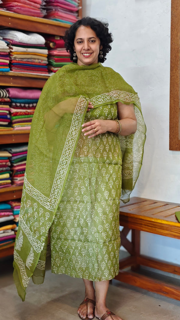 Moss Green Block Printed Kota Doria Suit - GD331