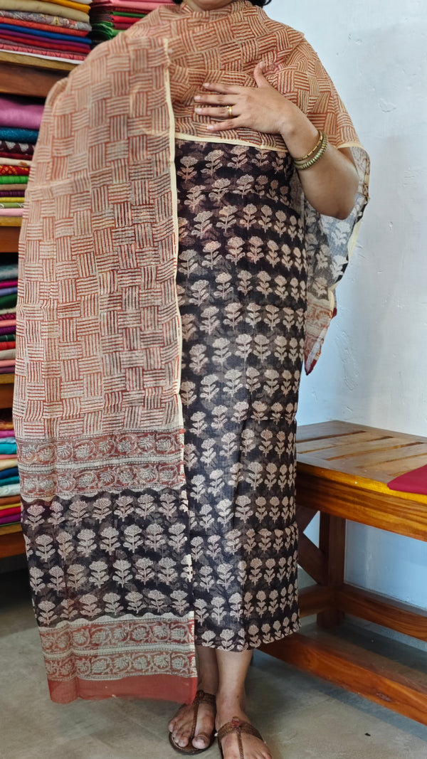 Black and Brick Red Block Printed Kota Doria Suit - GD331