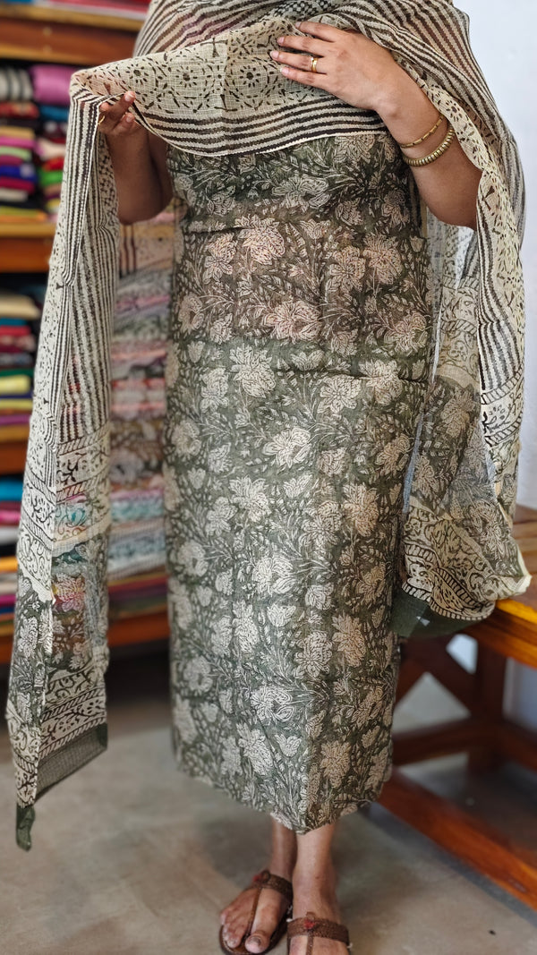 Pine Green Block Printed Kota Doria Suit - GD331