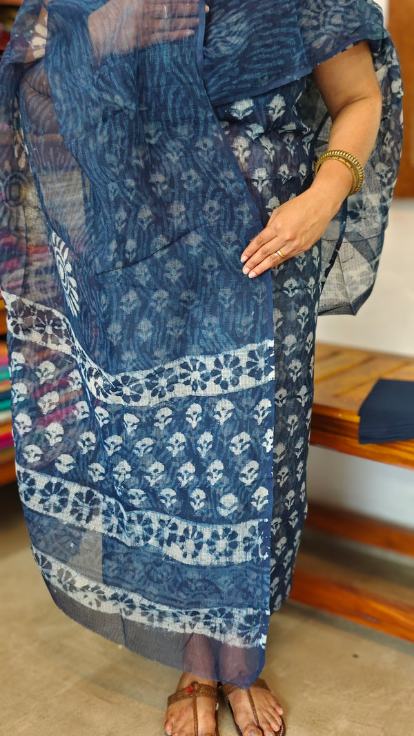 Indigo Blue Block Printed Kota Doria Suit - B - GD331