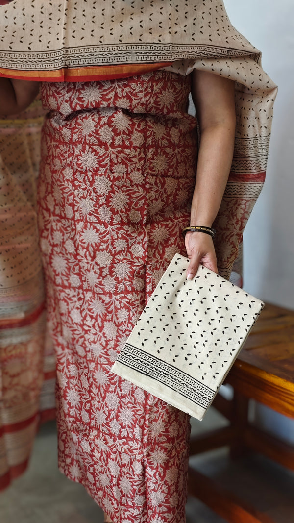 Brick Red and Beige Block Printed Chanderi Silk Suit - MC059