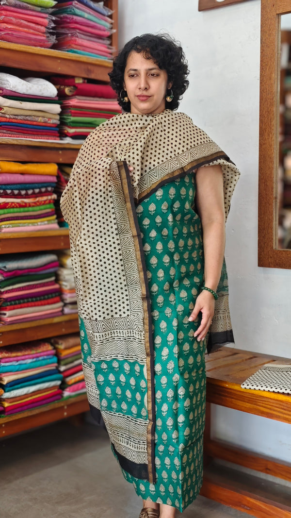 Green and Beige Block Printed Chanderi Silk Suit - MC059